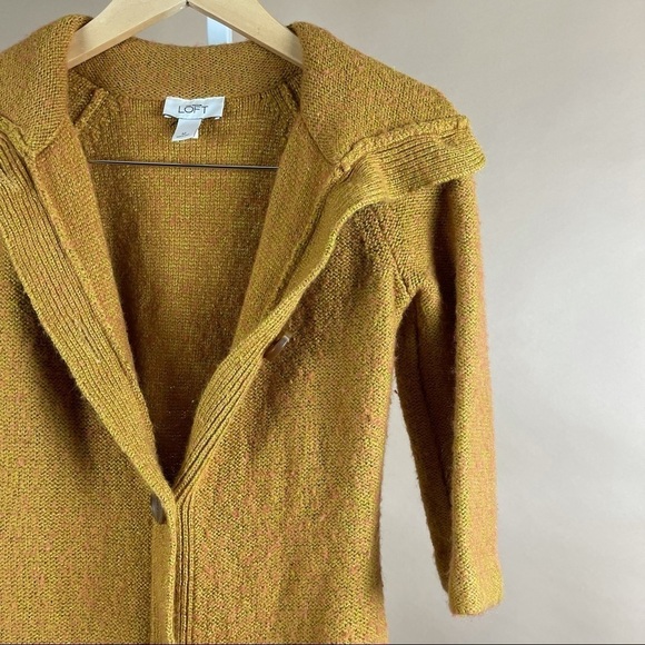 LOFT Medium Wool Blend Mustard Yellow Long Line Sweater Cardigan Coat Boho - Picture 5 of 5